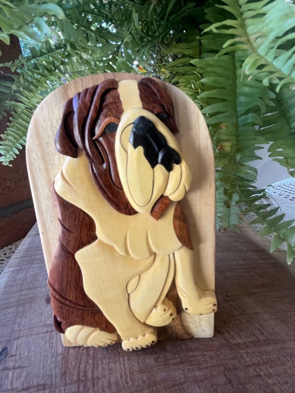 Carver Dan's Handcrafted Hardwood Intarsia Bulldog Puzzle Box Collectible